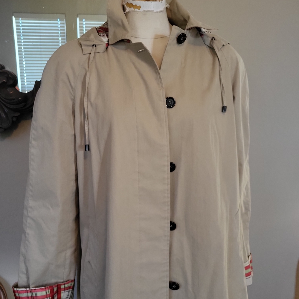 Preston & York Beige Trench Coat with Red Plaid Details